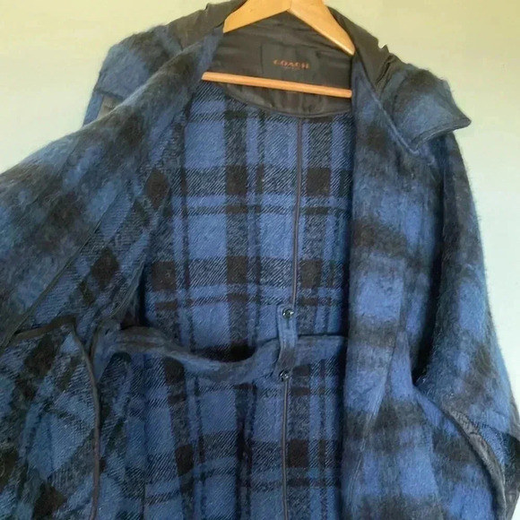 Coach New York blue black plaid wool alpaca cape belted belt hooded  hood jacket - Picture 8 of 11